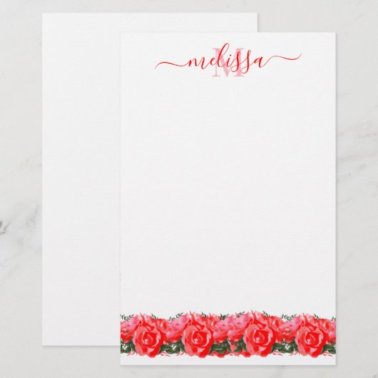 Red Rose Monogram Elegant Stationery Paper Briefpapier (Voorkant / Achterkant)
