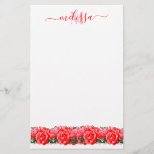 Red Rose Monogram Elegant Stationery Paper Briefpapier