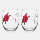 Red Rose Mr. en Mrs. Wedding Glaswerk Wijnglas Zonder Voet (Voorkant)