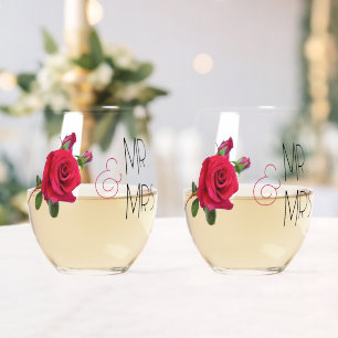 Red Rose Mr. en Mrs. Wedding Glaswerk Wijnglas Zonder Voet