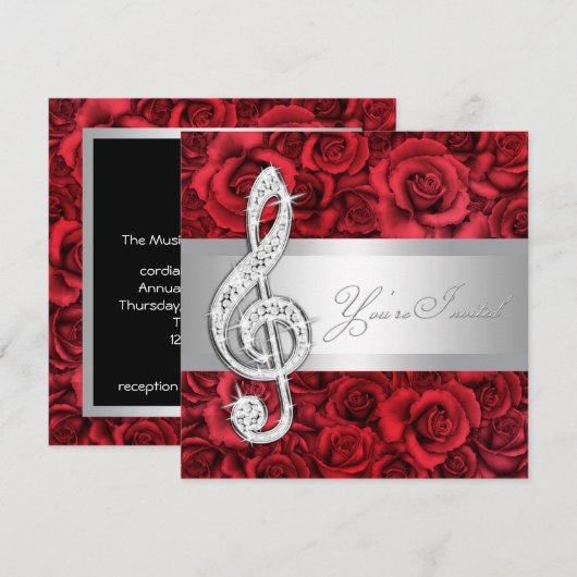 Red Rose Music Treble Clef Overweging Uitnodiginge Kaart (Voorkant / Achterkant)