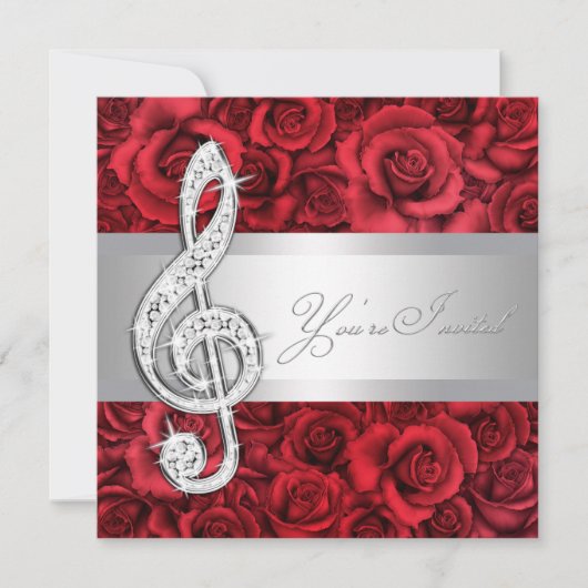 Red Rose Music Treble Clef Overweging Uitnodiginge Kaart (Voorkant)