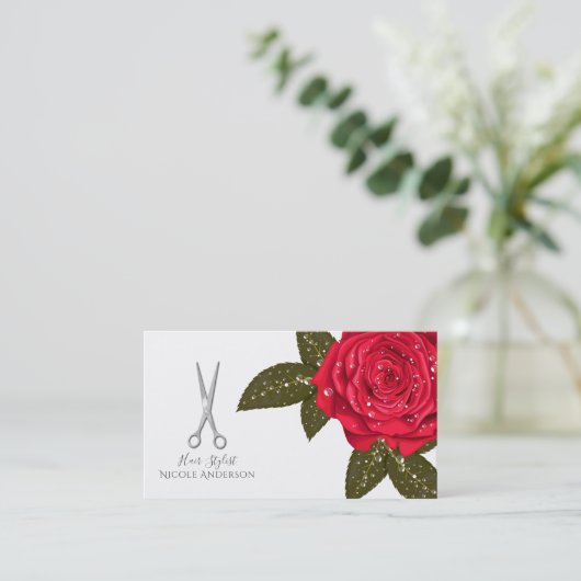 Red Rose Nat Hair Stylist Silver Scissors Visitekaartje (Staand voorkant)
