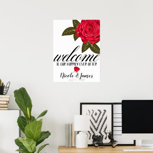 Red Rose Natte Water Dew Drops Weddenschap Poster (Thuiskantoor)