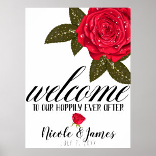 Red Rose Natte Water Dew Drops Weddenschap Poster