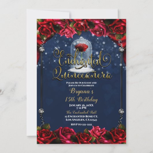 Red Rose Navy Blue Gold gefascineerd Quinceañera 1 Kaart (Voorkant)