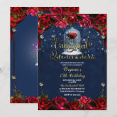 Red Rose Navy Blue Gold gefascineerd Quinceañera 1 Kaart (Voorkant / Achterkant)