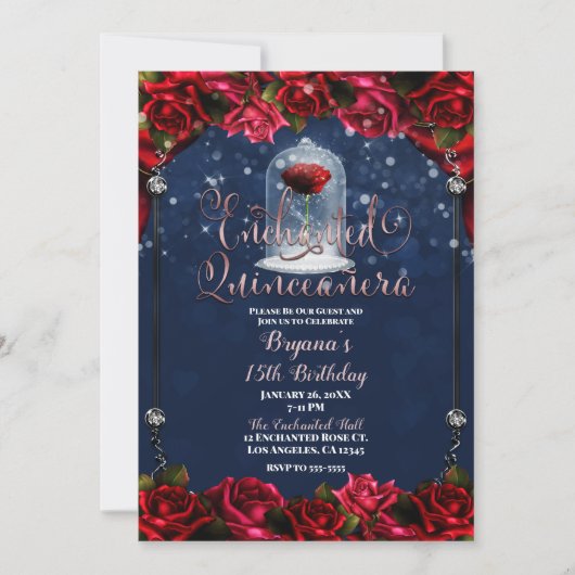 Red Rose Navy Blue Gold Quinceañera 15 15th Party Kaart (Voorkant)