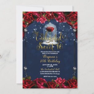 Red Rose Navy Blue Gold Sweet 16 16th Party Kaart