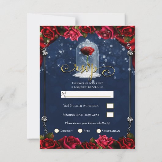 Red Rose Navy Blue Princess Party RSVP Kaart (Voorkant)