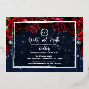 Red Rose Navy Blue Sparkle Glam Weddenver Folie Uitnodiging