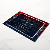 Red Rose Navy Blue Sparkle Glam Weddenver Folie Uitnodiging (Gedraaid)