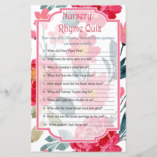 Red Rose Nursery Rhyme Quiz baby shower game (Voorkant)