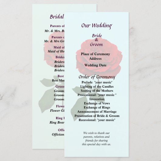 Red Rose of Summer Wedding Programme Programmakaart (Voorkant / Achterkant)