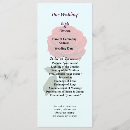 Red Rose of Summer Wedding Programme Programmakaart (Voorkant)