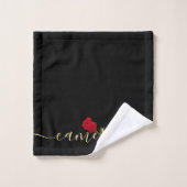 Red Rose on Black and Gold Monogramed Bad Handdoek (Wasdoekje)
