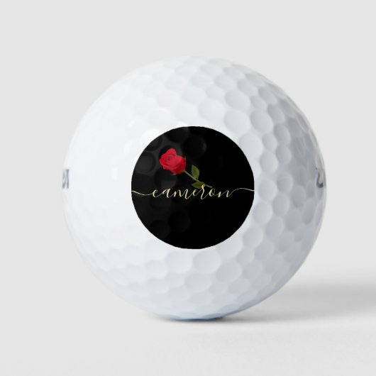 Red Rose on Black and Gold Monogramed Golfballen (Voorkant)