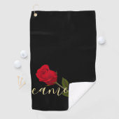 Red Rose on Black and Gold Monogramed Golfhanddoek (Insitu)