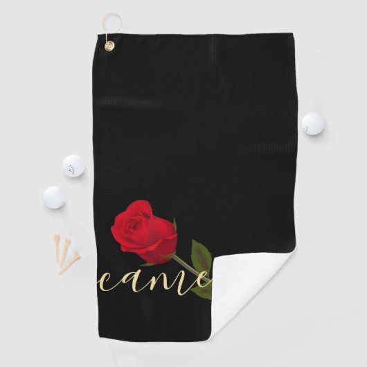 Red Rose on Black and Gold Monogramed Golfhanddoek (Insitu)