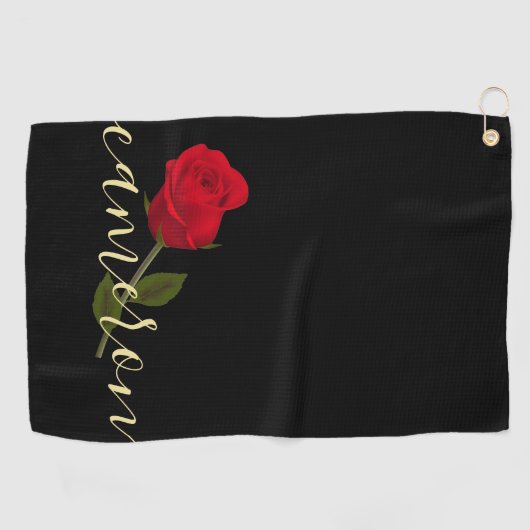 Red Rose on Black and Gold Monogramed Golfhanddoek (Horizontaal)