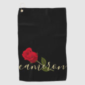Red Rose on Black and Gold Monogramed Golfhanddoek (Voorkant)
