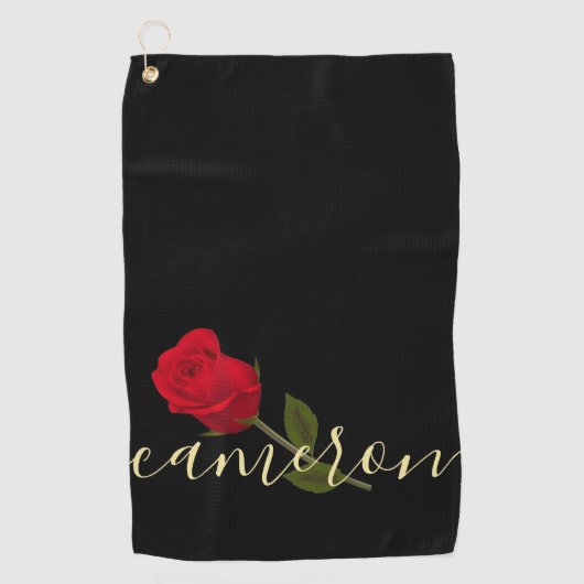 Red Rose on Black and Gold Monogramed Golfhanddoek (Voorkant)