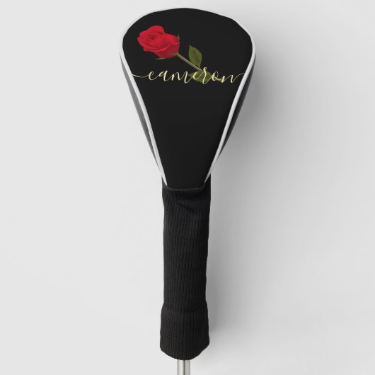 Red Rose on Black and Gold Monogramed Golfheadcover (Voorkant)