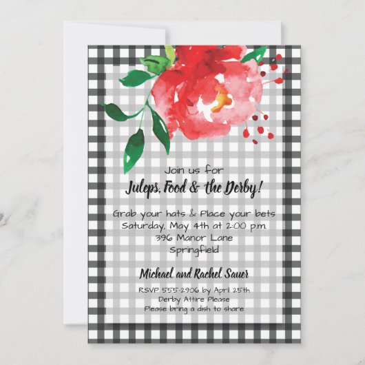 Red Rose on Black Check KY Derby Party Invitations (Voorkant)
