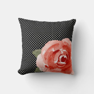 Red Rose on Black White Polka Dots Kussen