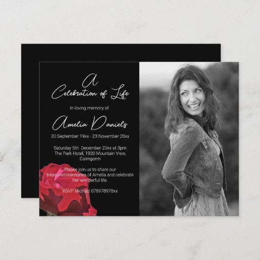 Red Rose op Black Celebration of Life Kaart (Voorkant / Achterkant)