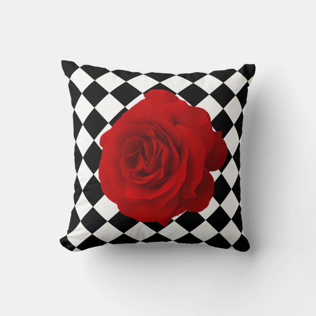 Red Rose op Black en White Diamond Pattern Kussen (Voorkant)