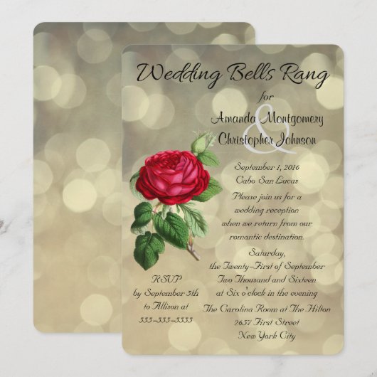 Red Rose op Bokeh Lights Post Wedding Reception Kaart (Voorkant / Achterkant)