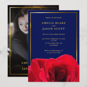Red Rose op Deep Blue   Goud Lijst foto bruiloft Kaart