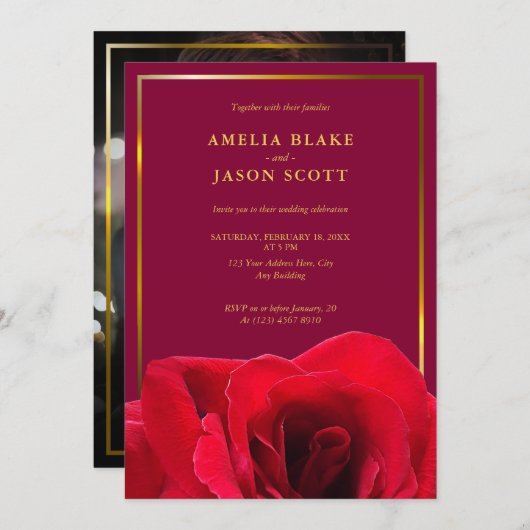 Red Rose op Deep Pink | Goud Lijst foto bruiloft Kaart (Voorkant / Achterkant)