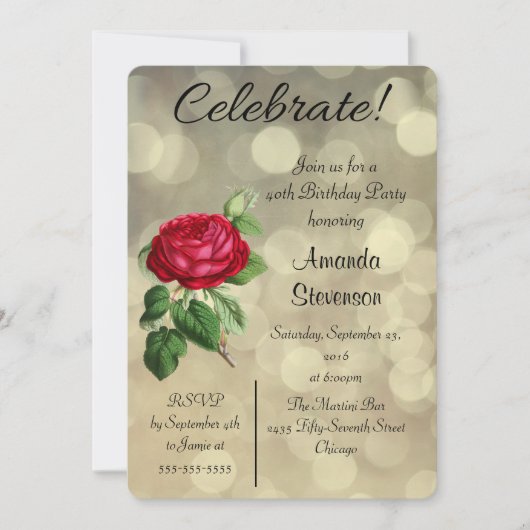 Red Rose op een Golden Bokeh Lights Birthday Kaart (Voorkant)