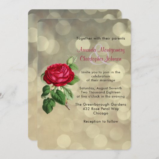 Red Rose op Golden Bokeh Lights Wedding Invite Kaart (Voorkant / Achterkant)