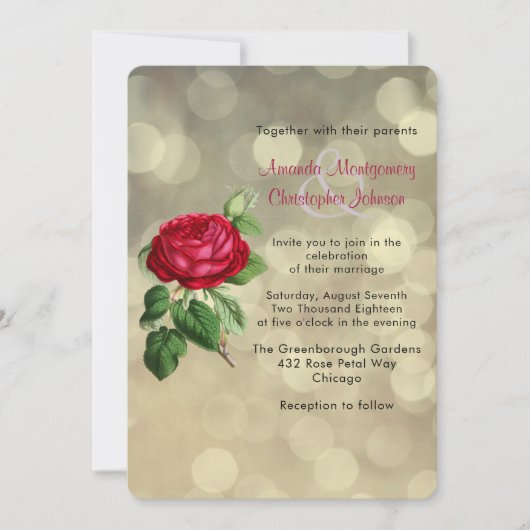 Red Rose op Golden Bokeh Lights Wedding Invite Kaart (Voorkant)