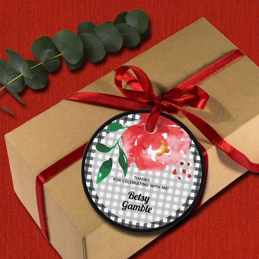 Red Rose op het Black White Gingham Vrijgezellenfe Bedankjes Labels