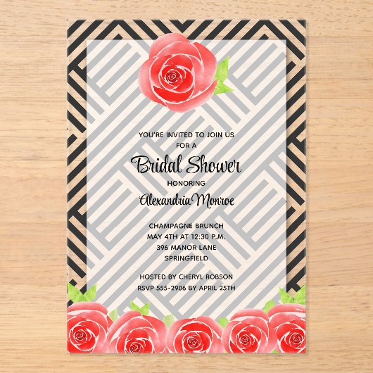 Red Rose op Stripes Vrijgezellenfeest Acryl Uitnodigingen (Voorkant)