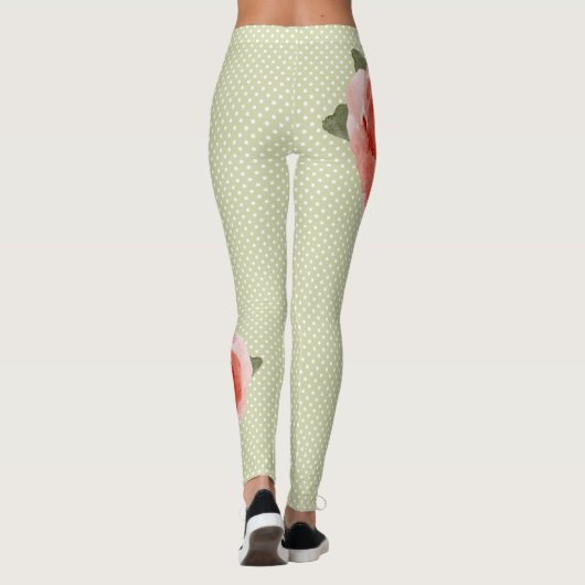 Red Rose op Witte en Limoen Stippen Leggings (Achterkant)