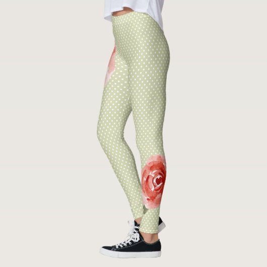 Red Rose op Witte en Limoen Stippen Leggings (Links)