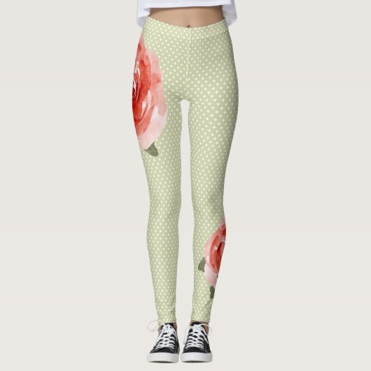 Red Rose op Witte en Limoen Stippen Leggings (Voorkant)