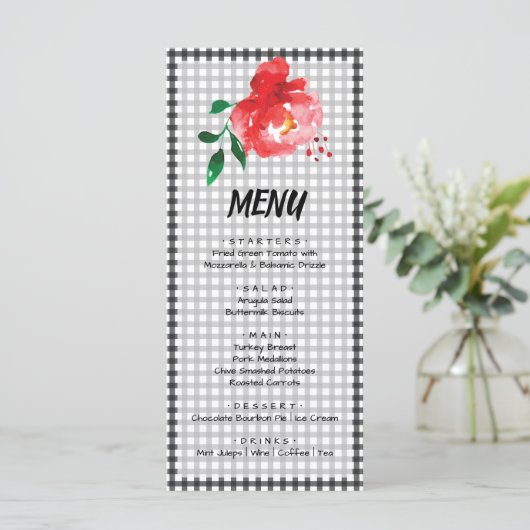 Red Rose op zwart en wit Gingham Check Derby Menu (Staand voorkant)
