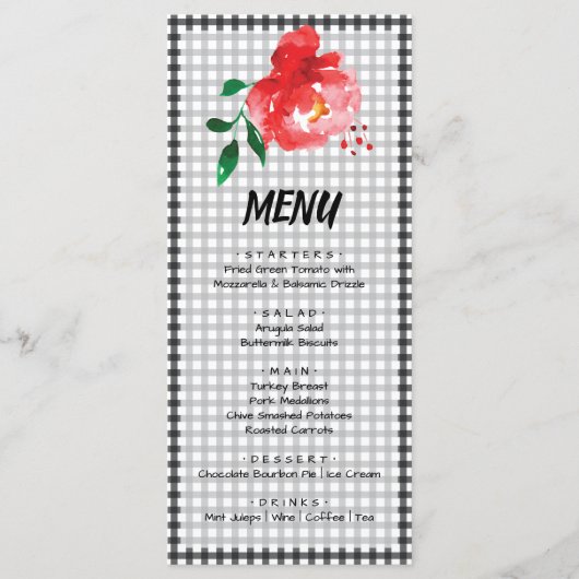 Red Rose op zwart en wit Gingham Check Derby Menu (Voorkant)
