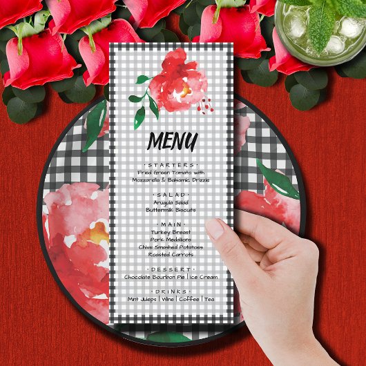 Red Rose op zwart en wit Gingham Check Derby Menu