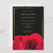 Red Rose op zwart | Goud Lijst met foto bruiloft Kaart (Voorkant)