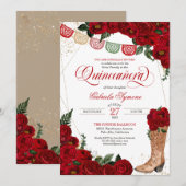 Red Rose Papel Picado Western Charra Quinceañera Kaart (Voorkant / Achterkant)