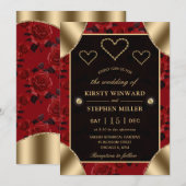 Red Rose Pattern en Gold Diamonds Wedding Kaart (Voorkant / Achterkant)