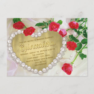 Red Rose Pearl Heart Quinceañera Kaart