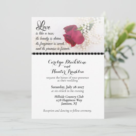 Red Rose & Pearls Wedding Kaart (Staand voorkant)